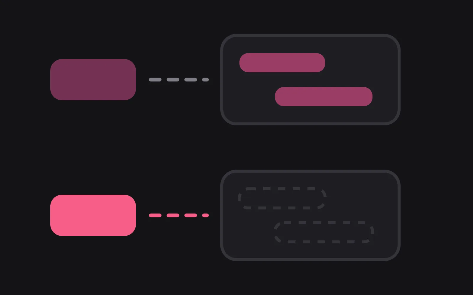 Two rows: a mid-toned tile leading by a dashed line to a server box still holding two chat bubbles, and below it a tile in the deepest colour leading to a server box whose bubbles are only empty outlines
