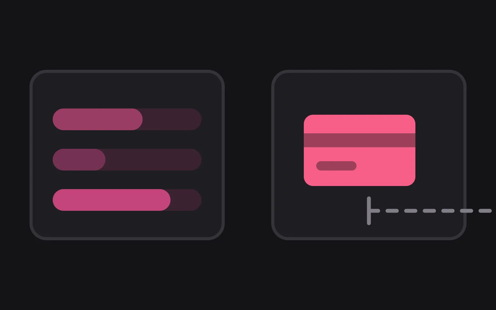 Two surfaces side by side: on the left a bar divided into segments with part of it filled, on the right a small bright card shape with a dashed line running off the edge of the frame