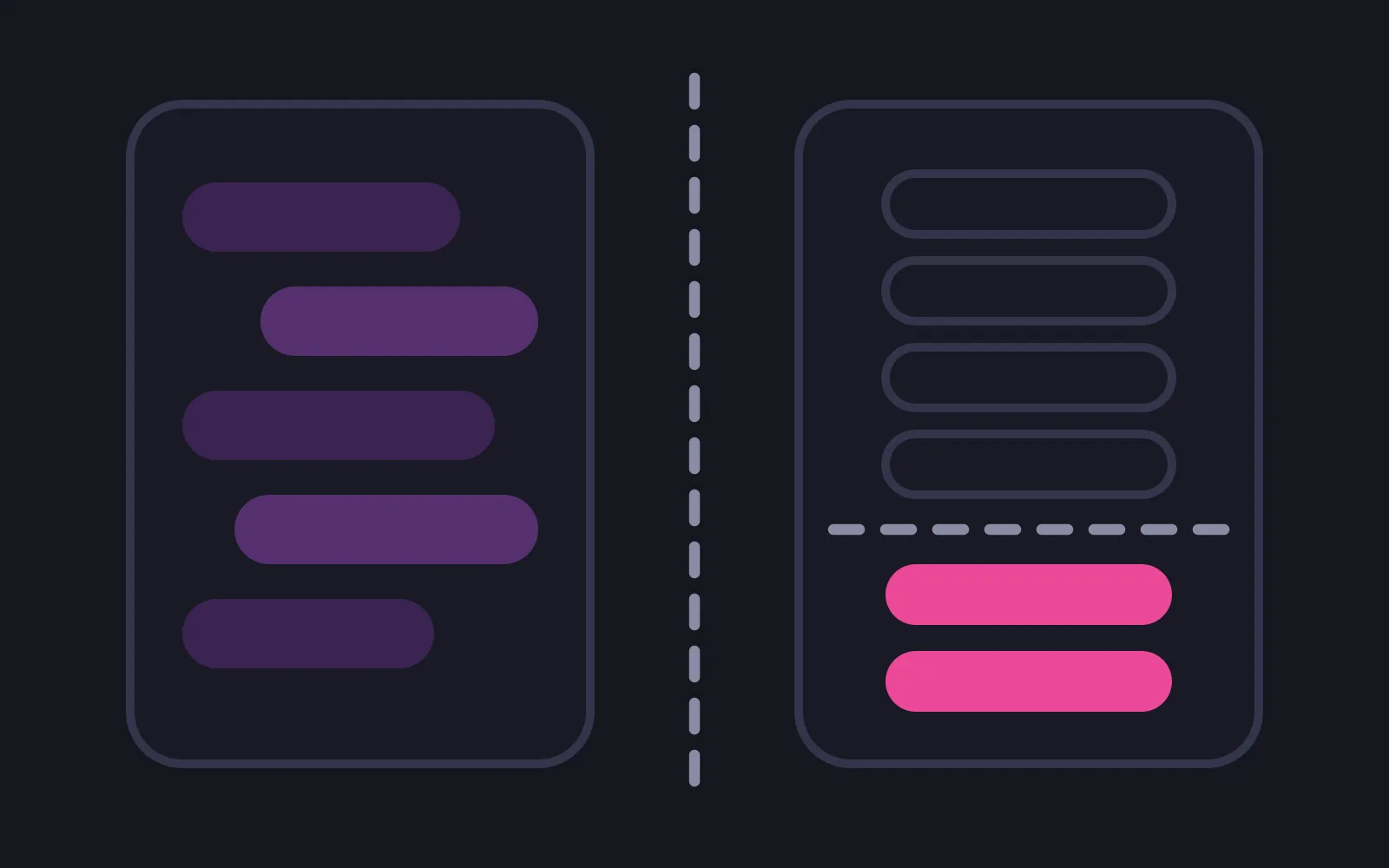 Two phone frames either side of a dashed divider, the left one filled with chat bubbles, the right one holding six minute bars with only the bottom two filled in the deepest colour
