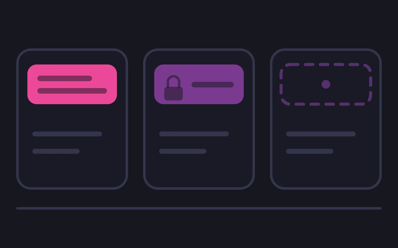 Three phone screen tiles side by side, each with a notification banner: the first in the deepest colour with two legible content lines, the second mid-toned with a padlock and one line, the third an empty dashed outline with a single dot